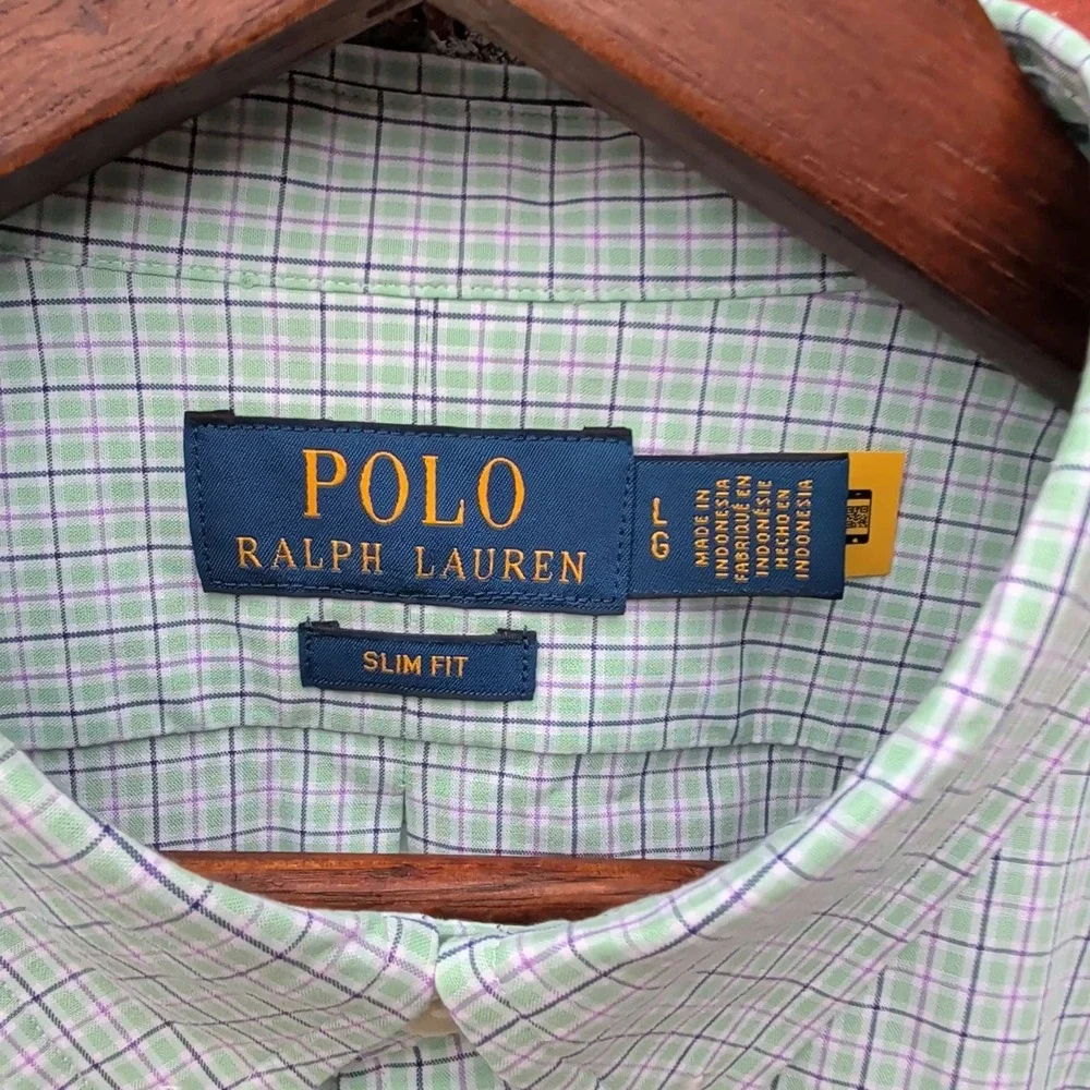 Polo Ralph Lauren Button Down Mens Large Green Slim Fit Tattersall Check Shirt